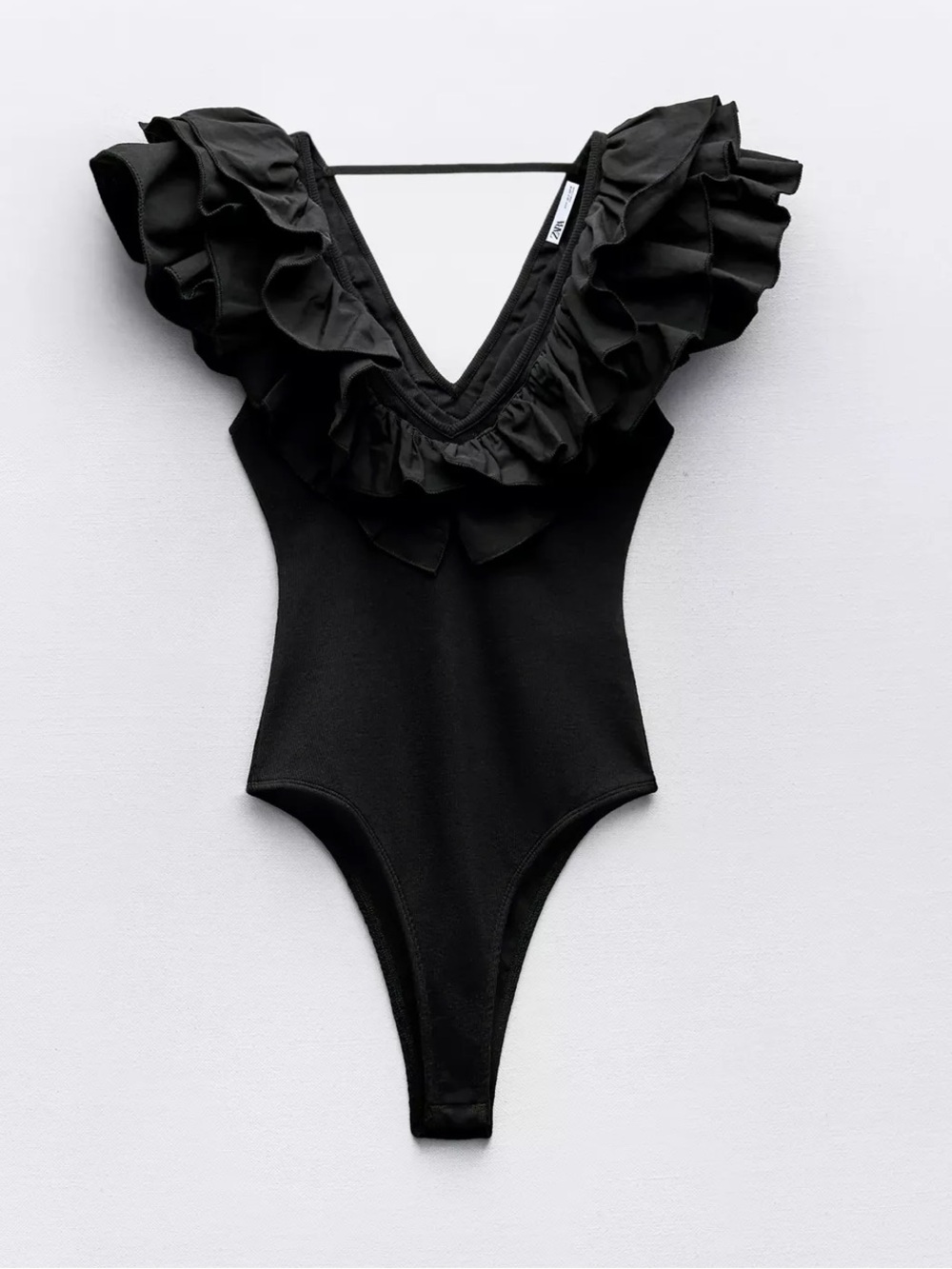 Zara Black Ruffled Rib Bodysuit